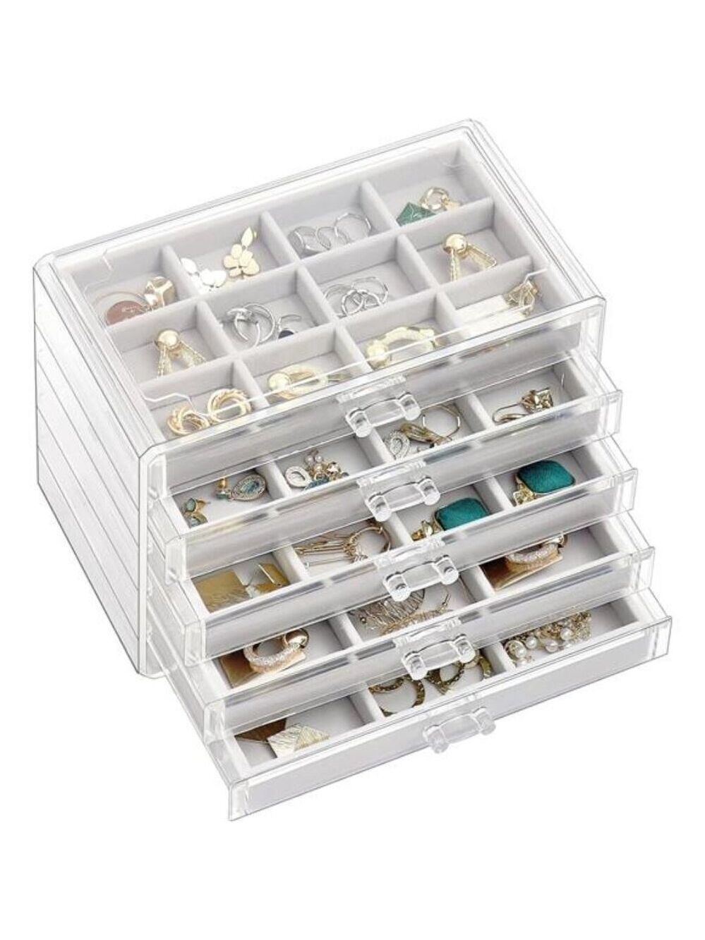 Clear Acrylic Jewelry Box Earring Organizer with Velvet Trays 5 Drawer Storage